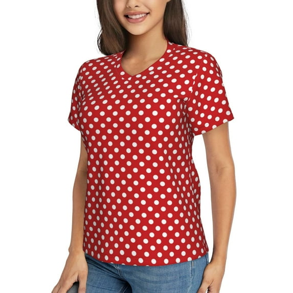 Goofa Red Polka Dot Pattern Women's Slim-Fit Short-Sleeve V-Neck T-Shirt,Classic-Fit Short-Sleeve V-Neck T-Shirt-3X-Large