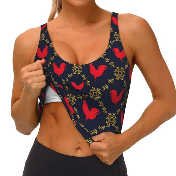 Goofa Red Rooster Printed Sports Bras for Women, High Impact Running Bra Workout Crop Tank Tops Longline Sports Bra Push up-