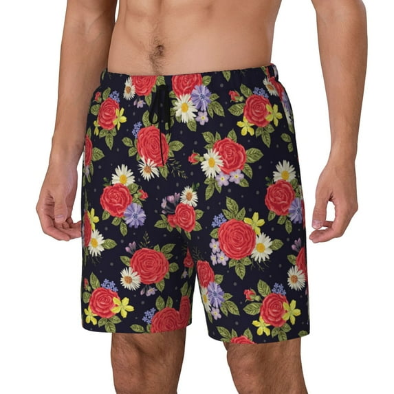 Goofa Red Rose Flower Printed Men's Swim Trunks Board Shorts Quick Dry Mens Swimming Trunks with Compression Liner,Breathable Fit Hawaii Beach Shorts-Small