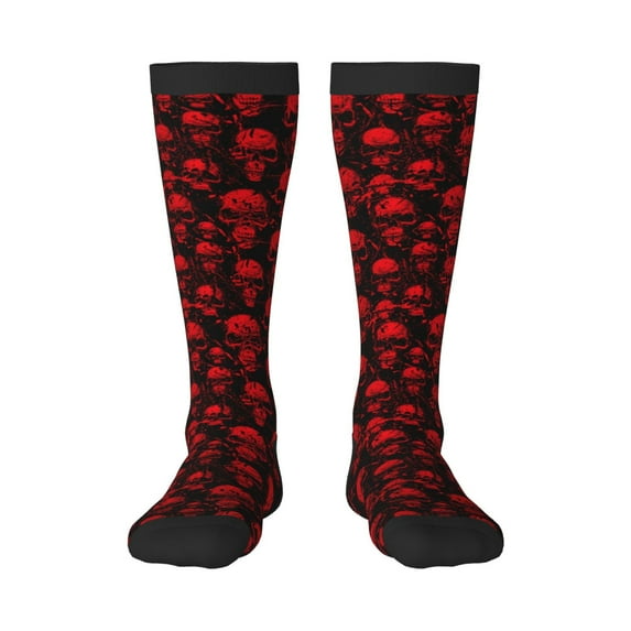 Goofa Red Skulls Pattern Adult Stockings, Color-Block Knee High Socks, Comfortable and Breathable, Soft and Stretchable, Sports, and Decoration