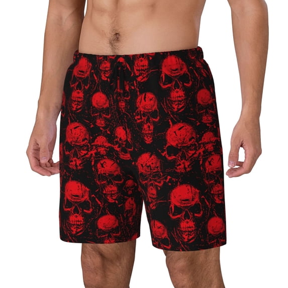 Goofa Red Skulls Printed Men's Swim Trunks Board Shorts Quick Dry Mens Swimming Trunks with Compression Liner,Breathable Fit Hawaii Beach Shorts-Small