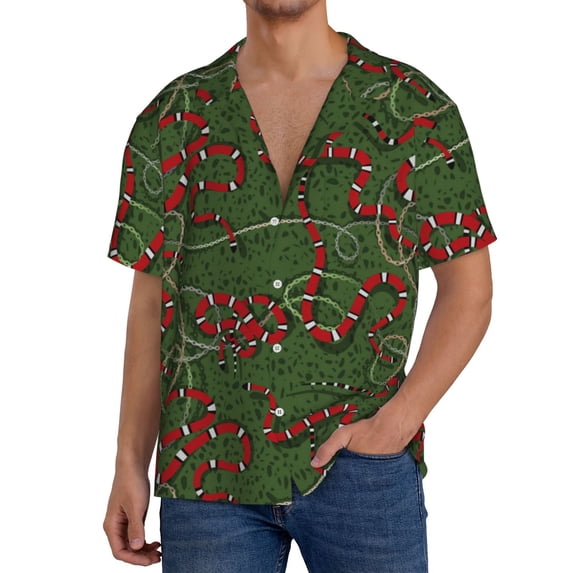Goofa Red Snake Printed Men's Casual Short-sleeved Shirt,Lightweight Breathable Button-down,Summer Casual men's top,Versatile Fashion shirt-Large