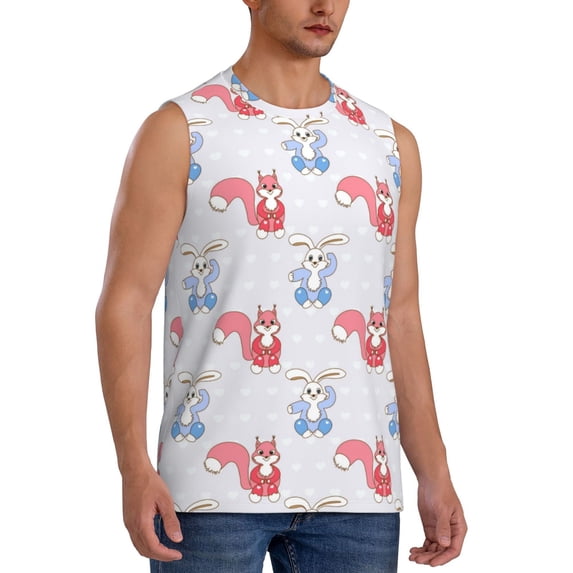 Goofa Red Squirrel And Blue Rabbit Printed Men's Sleeveless T-Shirt - Athletic Gym Workout Tank Top for Men - Moisture-Wicking, UPF 30+ Quick-Dry Muscle Tee-Medium