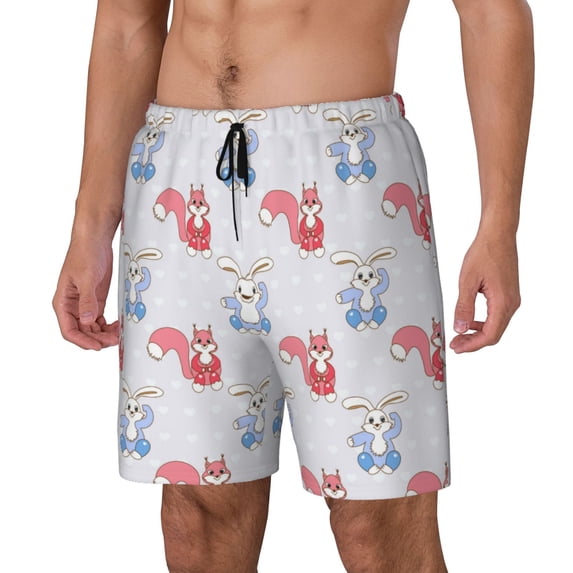 Goofa Red Squirrel And Blue Rabbit Printed Men's Swim Trunks Board Shorts Quick Dry Mens Swimming Trunks with Compression Liner,Breathable Fit Hawaii Beach Shorts-Large