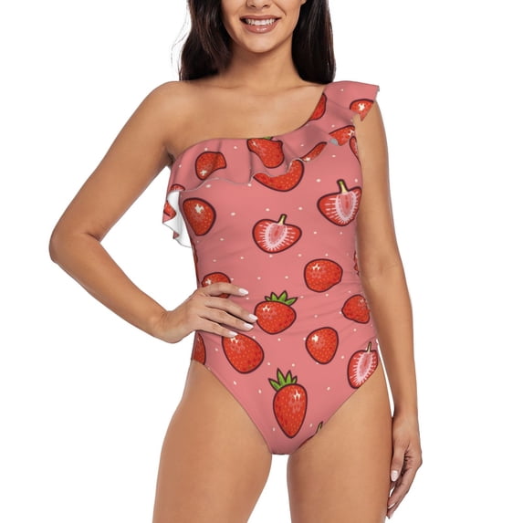 Goofa Red Strawberry Pattern Women's One Piece Swimsuits Tummy Control Bathing Suits Asymmetric One Shoulder Swimwear-X-Large