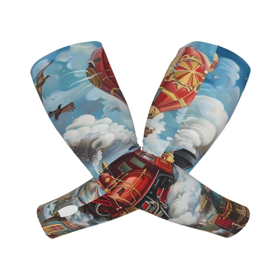 Goofa Red Train Hot Air Balloon Pattern UV Sun Protection Arm Sleeves, UPF 50 Sports Cooling Arm Compression Sleeves for Men Women Teenager