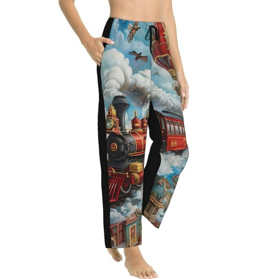 Goofa Red Train Hot Air Balloon Printed Soft Pajama Pants for Women, Wide Leg Comfy Casual Lounge Yoga Pants-Medium