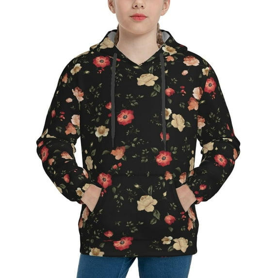 Goofa Red White Flowers Pattern Hooded Sweatshirt for Youth Trendy youth sweatshirt Casual Hoodie for Boys and Girls-X-Large