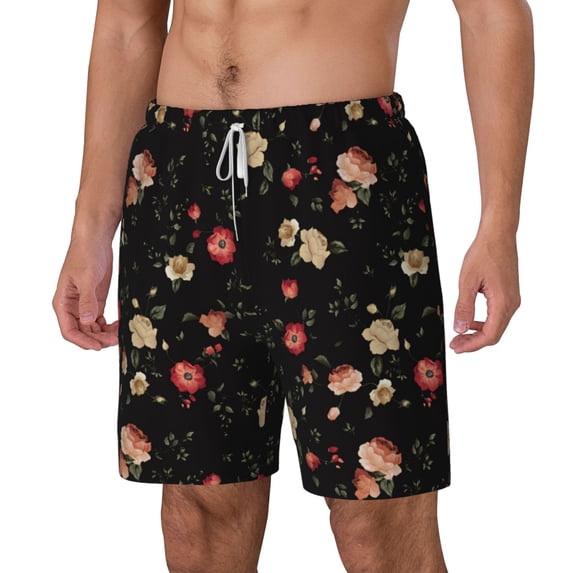 Goofa Red White Flowers Printed Men's Swim Trunks Board Shorts Quick Dry Mens Swimming Trunks with Compression Liner,Breathable Fit Hawaii Beach Shorts-Medium