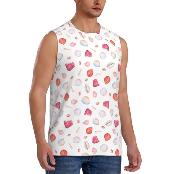 Goofa Red coral and scallop seashell Printed Men's Sleeveless T-Shirt - Athletic Gym Workout Tank Top for Men - Moisture-Wicking, UPF 30+ Quick-Dry Muscle Tee-XX-Large