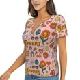 thumbnail image 1 of Goofa Retro 70s Hippie Pattern Womens Deep V Neck Low Cut Tops Casual Summer Short Sleeve Ribbed Knit T-Shirts-Large, 1 of 5