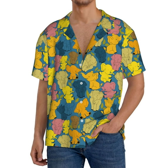 Goofa Retro Boho Elephants Printed Men's Casual Short-sleeved Shirt,Lightweight Breathable Button-down,Summer Casual men's top,Versatile Fashion shirt-4X-Large