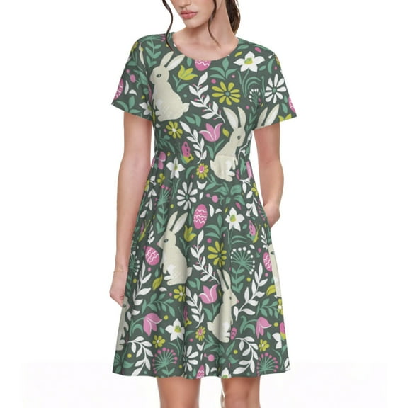Goofa Retro Bunny Floral Pattern Women Summer Short Sleeve Midi Dress with Pockets Casual Aline Flowy Tshirt Dress Vocation Beach Sundress