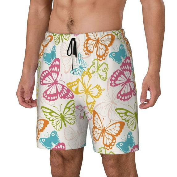 Goofa Retro Colorful Butterfly Printed Men's Swim Trunks Board Shorts Quick Dry Mens Swimming Trunks with Compression Liner,Breathable Fit Hawaii Beach Shorts-