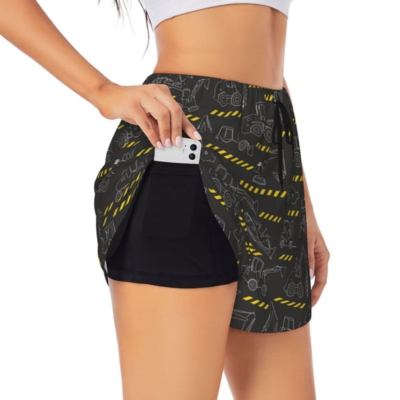 Goofa Retro Excavator Printed Women 2 in 1 Running Shorts,Quick Dry Athletic Workout Shorts,High Waisted Athletic Shorts with Liner Pockets-Medium