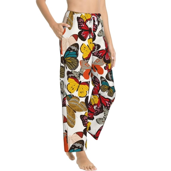 Goofa Retro Floral Butterfly Printed Soft Pajama Pants for Women, Wide Leg Comfy Casual Lounge Yoga Pants-Large