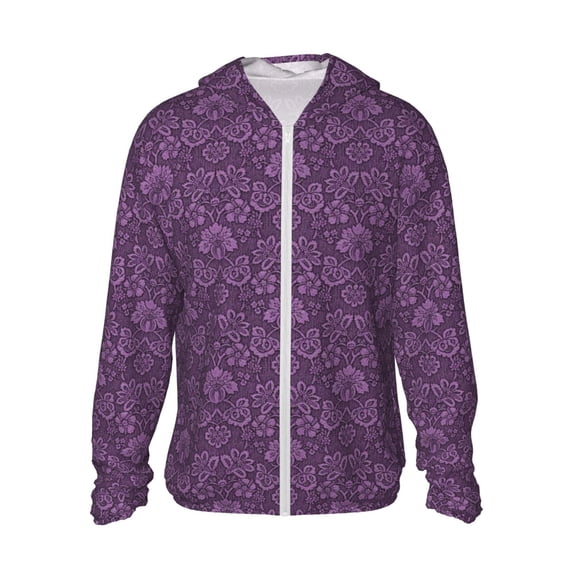 Goofa Retro Florals Purple Printed Women's UPF 50+ Sun Protection Hoodie Jacket Lightweight Long Sleeve Sun Shirt for Women with Pocket Hiking Outdoor-XX-Large