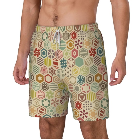 Goofa Retro Geometry Printed Men's Swim Trunks Board Shorts Quick Dry Mens Swimming Trunks with Compression Liner,Breathable Fit Hawaii Beach Shorts-Small