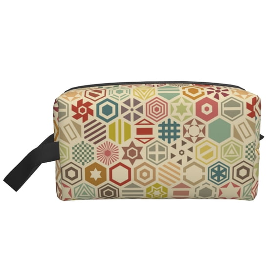 Goofa Retro Geometry Printed Toiletry Bag with Handle,Large Capacity Travel Makeup Cosmetic Bag for Women, Carry on Airport Airline Compliant Bag