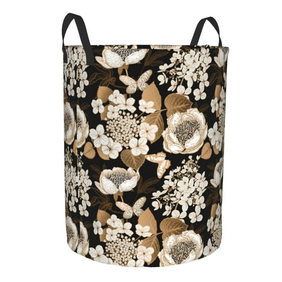 Goofa Retro Hydrangeas Printed Circular Hamper,Laundry Basket with Handles,Storage Baskets Foldable,Large Capacity Laundry Hamper-Medium