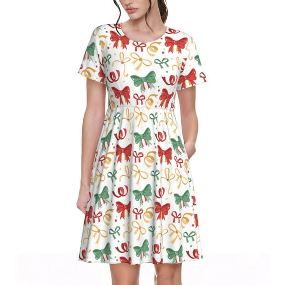 Goofa Retro bows Pattern Women Summer Short Sleeve Midi Dress with Pockets Casual Aline Flowy Tshirt Dress Vocation Beach Sundress