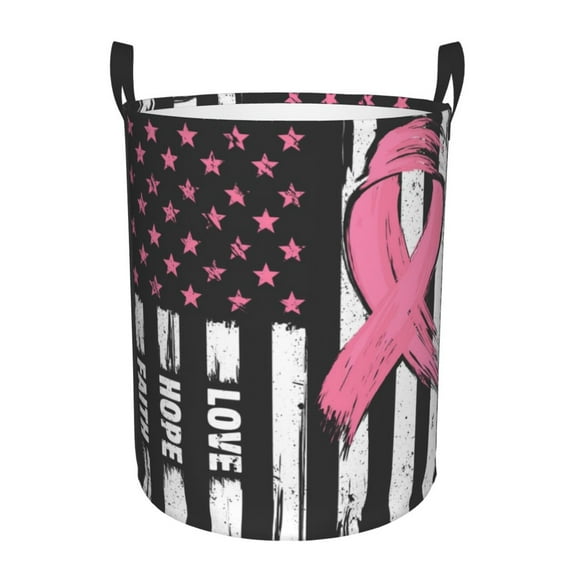 Goofa Ribbon Breast Cancer Awareness Printed Circular Hamper,Laundry Basket with Handles,Storage Baskets Foldable,Large Capacity Laundry Hamper-Small