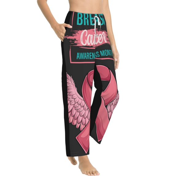 Goofa Ribbon With Angel Wings Printed Soft Pajama Pants for Women, Wide Leg Comfy Casual Lounge Yoga Pants-Large