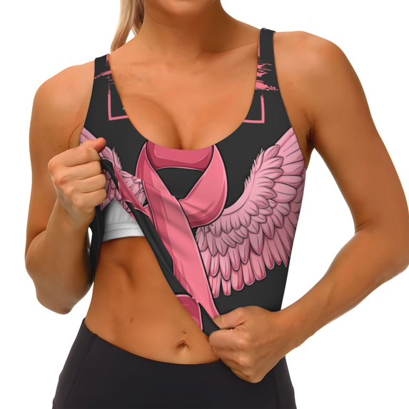 Goofa Ribbon With Angel Wings Printed Sports Bras for Women, High Impact Running Bra Workout Crop Tank Tops Longline Sports Bra Push up-Small