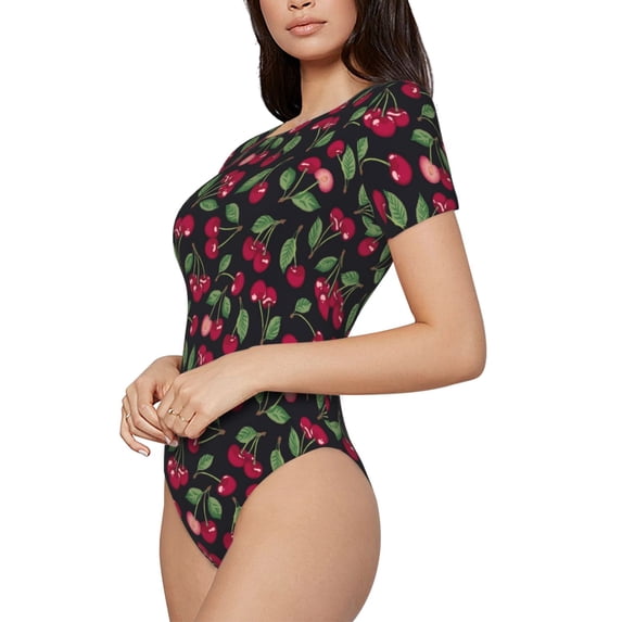 Goofa Ripe Red Cherry Printed Women Rash Guard Short Sleeve,Tummy control Swimsuit Surfing Swimsuit Bathing Suit One Piece Swimsuit UPF 50-Small