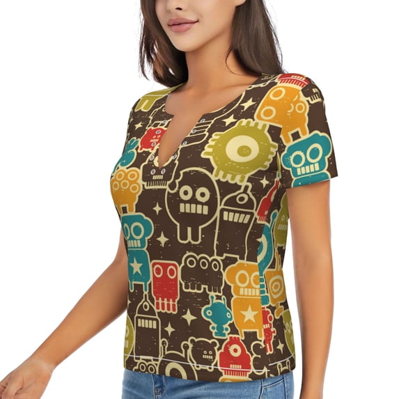 Goofa Robot and Monsters Pattern Womens Deep V Neck Low Cut Tops Casual Summer Short Sleeve Ribbed Knit T-Shirts-Small