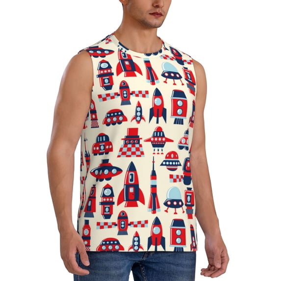 Goofa Rocket Pattern Printed Men's Sleeveless T-Shirt - Athletic Gym Workout Tank Top for Men - Moisture-Wicking, UPF 30+ Quick-Dry Muscle Tee-3X-Large