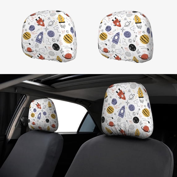 Goofa Rocket Planets Pattern 2 PCS Car Headrest Cover, Headrest Protector,Universal Interior Car Accessories