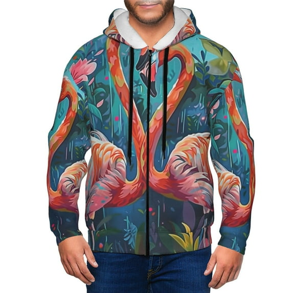 Goofa Romantic Flamingo Pair Pattern Mens Full-zip Hoodie, Zip-up Pullover Hooded Sweatshirt, Kangaroo Pocket Hoodie Ideal for Daily Wear, Travel, and Home-3X-Large