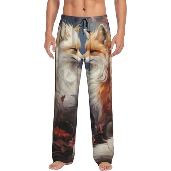 Goofa Romantic Flower Fox Couple Pattern Printed Soft Pajama Pants for Men, Wide Leg Comfy Casual Lounge Yoga Pants-X-Large