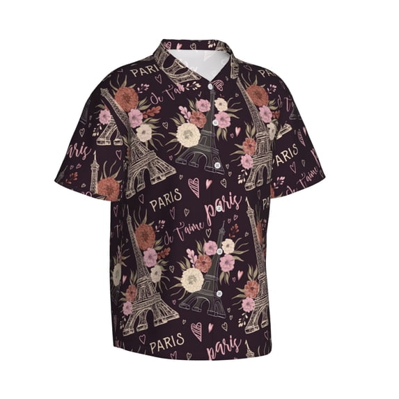 Goofa Romantic Paris Hawaiian Shirt for Men, Unisex Summer Beach Casual Short Sleeve Button Down Shirts,Aloha Tropical Floral print shirt-Large