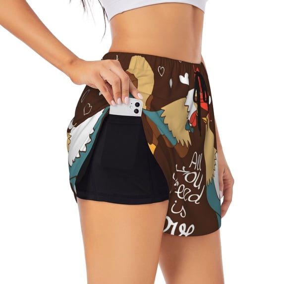 Goofa Rooster And Chicken Printed Women 2 in 1 Running Shorts,Quick Dry Athletic Workout Shorts,High Waisted Athletic Shorts with Liner Pockets-X-Large