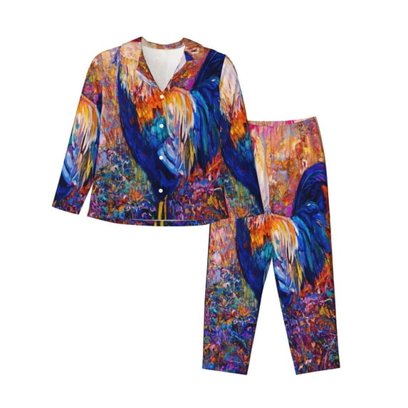 Goofa Rooster Oil Painting Printed Women’s 2 Piece Pajama Set Super,Pajamas Women's Long Sleeve Sleepwear Soft Button Down Loungewear Pjs Lounge Set Nightwear-X-Large