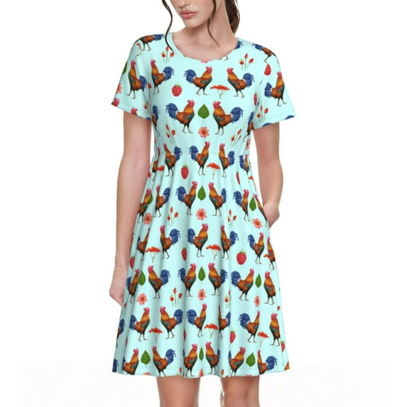 Goofa Roosters And Plants Pattern Women Summer Short Sleeve Midi Dress with Pockets Casual Aline Flowy Tshirt Dress Vocation Beach Sundress