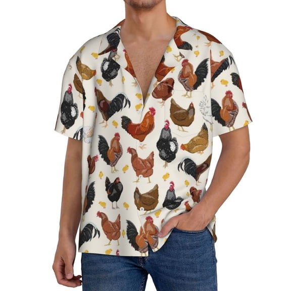 Goofa Roosters and Chickens Printed Men's Casual Short-sleeved Shirt,Lightweight Breathable Button-down,Summer Casual men's top,Versatile Fashion shirt-Small