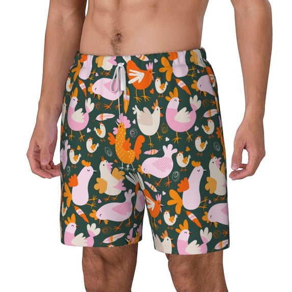 Goofa Roosters and Chicks Printed Men's Swim Trunks Board Shorts Quick Dry Mens Swimming Trunks with Compression Liner,Breathable Fit Hawaii Beach Shorts-Small