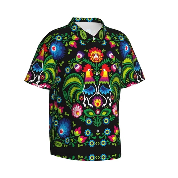 Goofa Roosters and Flowers Hawaiian Shirt for Men, Unisex Summer Beach Casual Short Sleeve Button Down Shirts,Aloha Tropical Floral print shirt-3X-Large