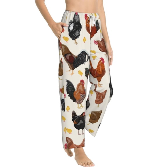 Goofa Roosters and Chickens Printed Soft Pajama Pants for Women, Wide Leg Comfy Casual Lounge Yoga Pants-Large