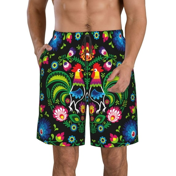 Goofa Roosters and Flowers Printed Mens Swim Trunks Summer Quick Dry Short Beach Swimwear Bathing Suits-Small
