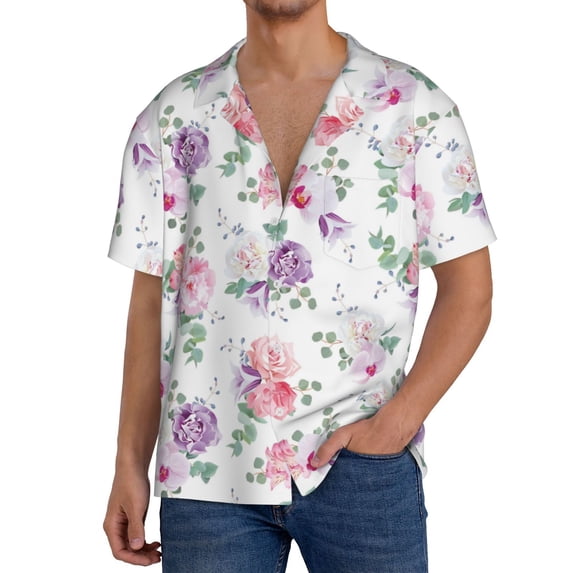 Goofa Rose Flower B Printed Men's Casual Short-sleeved Shirt,Lightweight Breathable Button-down,Summer Casual men's top,Versatile Fashion shirt-