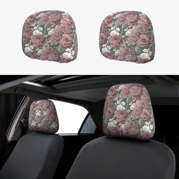 Goofa Rose Flowers Pattern 2 PCS Car Headrest Cover, Headrest Protector,Universal Interior Car Accessories