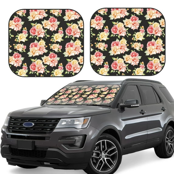Goofa Rose Flowers Pattern 2 Piece Car Windshield Sun Shade Foldable | Front Windshield Shade for Sun, Heat and UV Rays | Sunshade for Car Front Window-