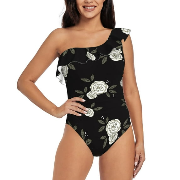 Goofa Rose Flowers Pattern Women's One Piece Swimsuits Tummy Control Bathing Suits Asymmetric One Shoulder Swimwear-XX-Large