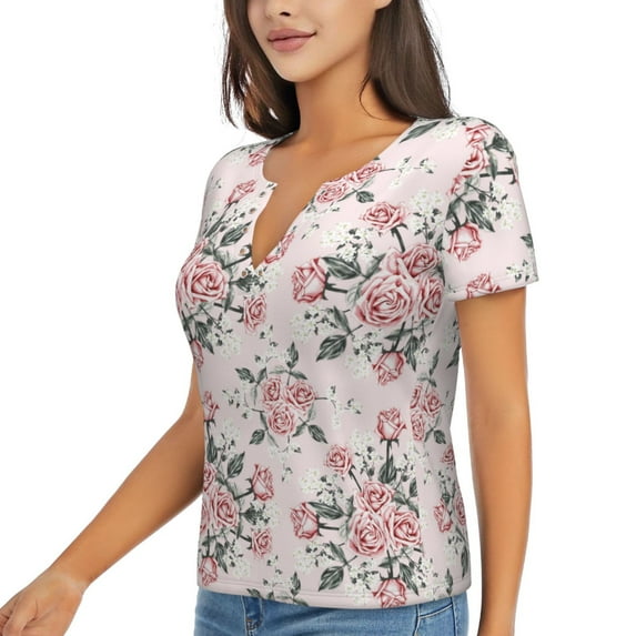 Goofa Rose Flowers Pattern Womens Deep V Neck Low Cut Tops Casual Summer Short Sleeve Ribbed Knit T-Shirts-Medium