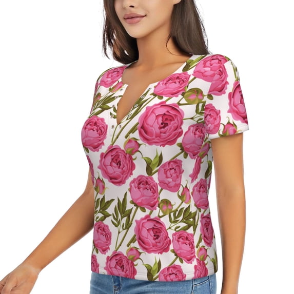 Goofa Rose Flowers Pattern Womens Deep V Neck Low Cut Tops Casual Summer Short Sleeve Ribbed Knit T-Shirts-Medium