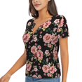 thumbnail image 1 of Goofa Rose Flowers Pattern Womens Deep V Neck Low Cut Tops Casual Summer Short Sleeve Ribbed Knit T-Shirts-Small, 1 of 5